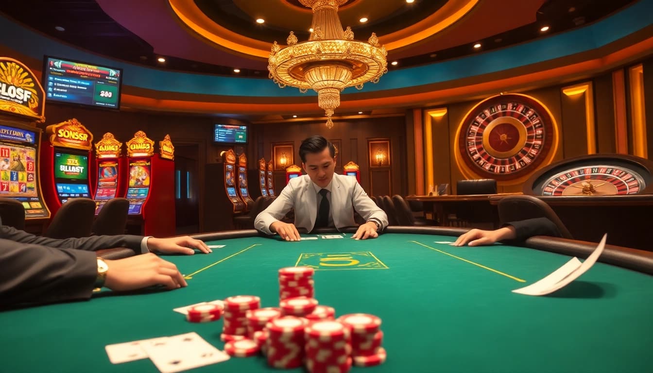 Players engage in thrilling poker at MU88, surrounded by luxury casino elements.