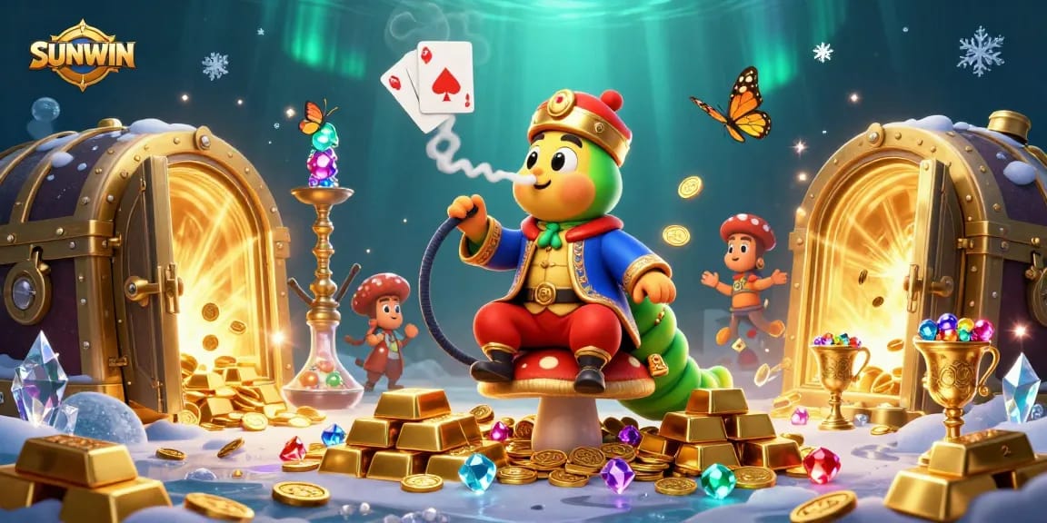 SUNWIN players engaging in dynamic poker action surrounded by treasures and vibrant casino elements.