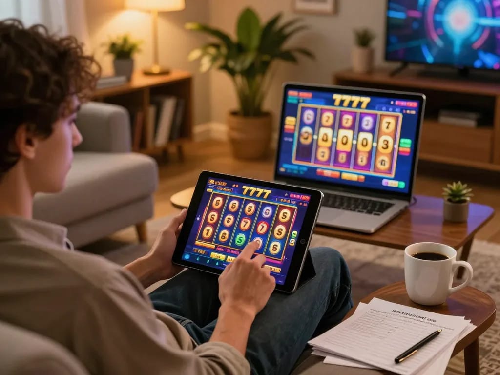 Player excitedly engaging with slot777 games on a tablet in a cozy home setting