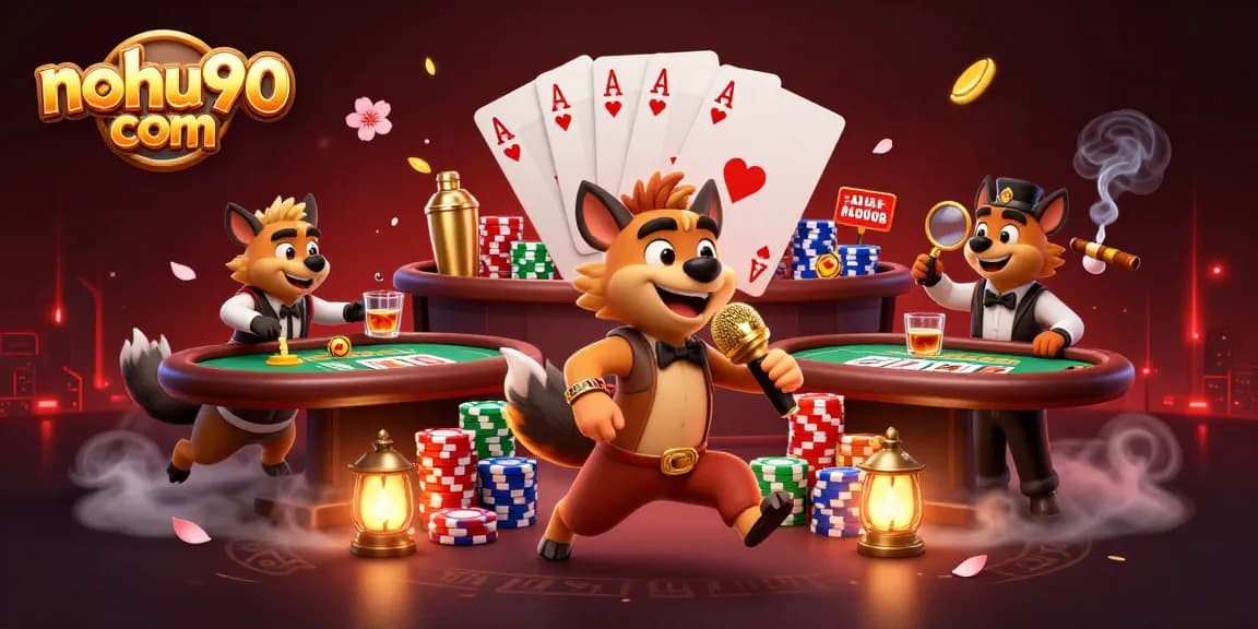 Experience winning strategies at nohu90 com with cartoon hyenas in a vibrant casino scene.