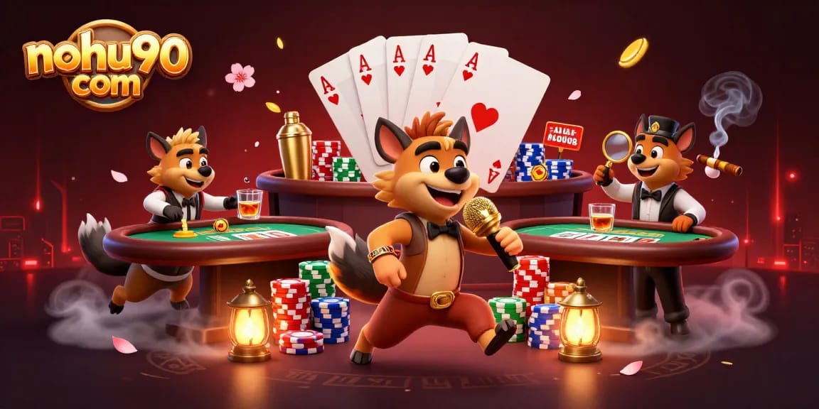 Experience winning strategies at nohu90 com with cartoon hyenas in a vibrant casino scene.