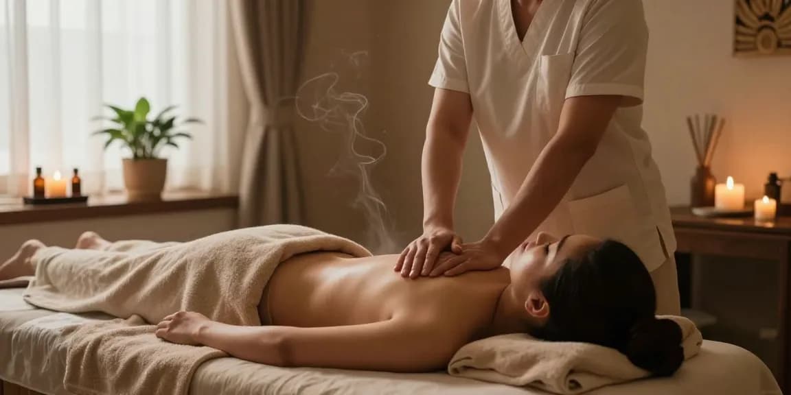 마사지 시술을 받고 있는 고객과 따뜻한 분위기의 스파 장면