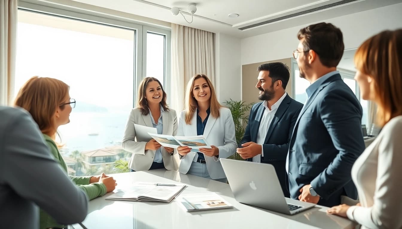 Engaging discussion on alanya property sale with real estate experts in a bright office.