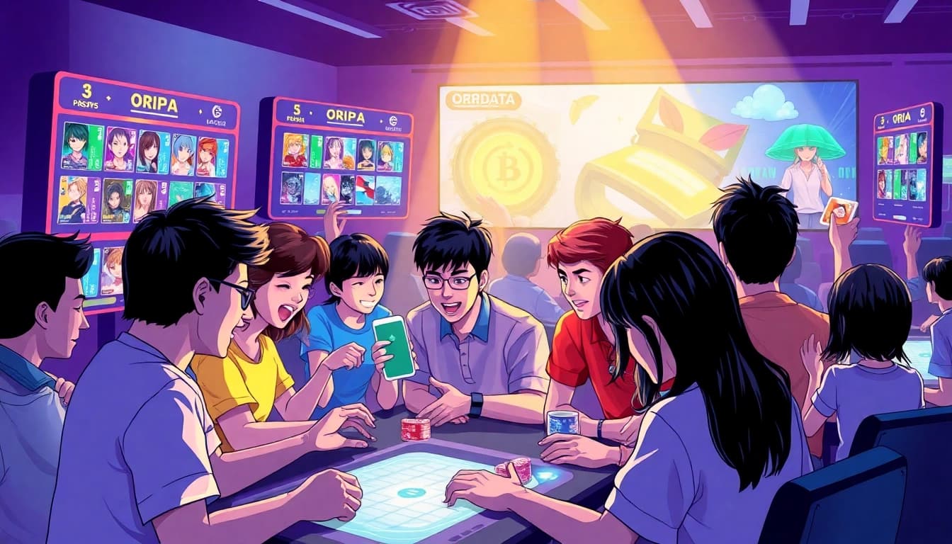 オンラインオリパ 無料に参加するプレイヤーの興奮の場面—鮮やかなコレクションとコミュニティの雰囲気を表現。