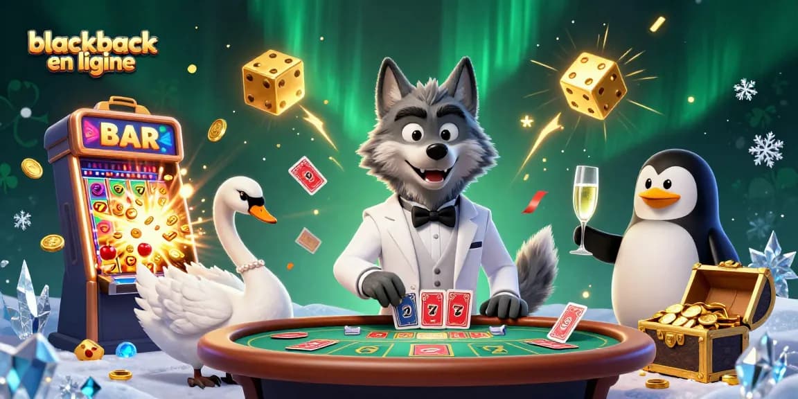 Jouer au blackjack en ligne avec des personnages animés dans un décor festif de casino, immersion garantie.