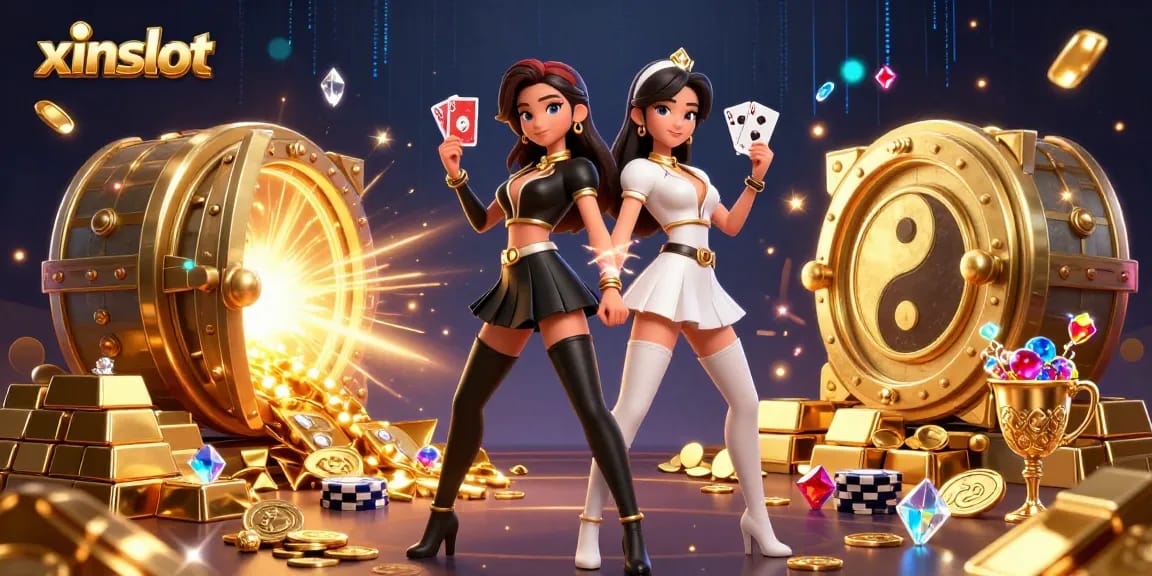 XINSLOT players enjoying the excitement of dynamic casino and gaming elements in a rich 3D illustration.