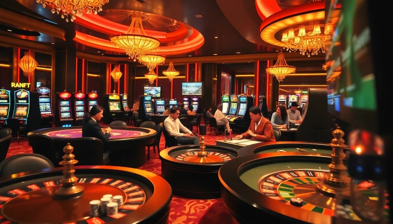Adegan kasino yang mendebarkan menggambarkan Datukwin Alternatif dengan pemain di meja poker dan mesin slot.
