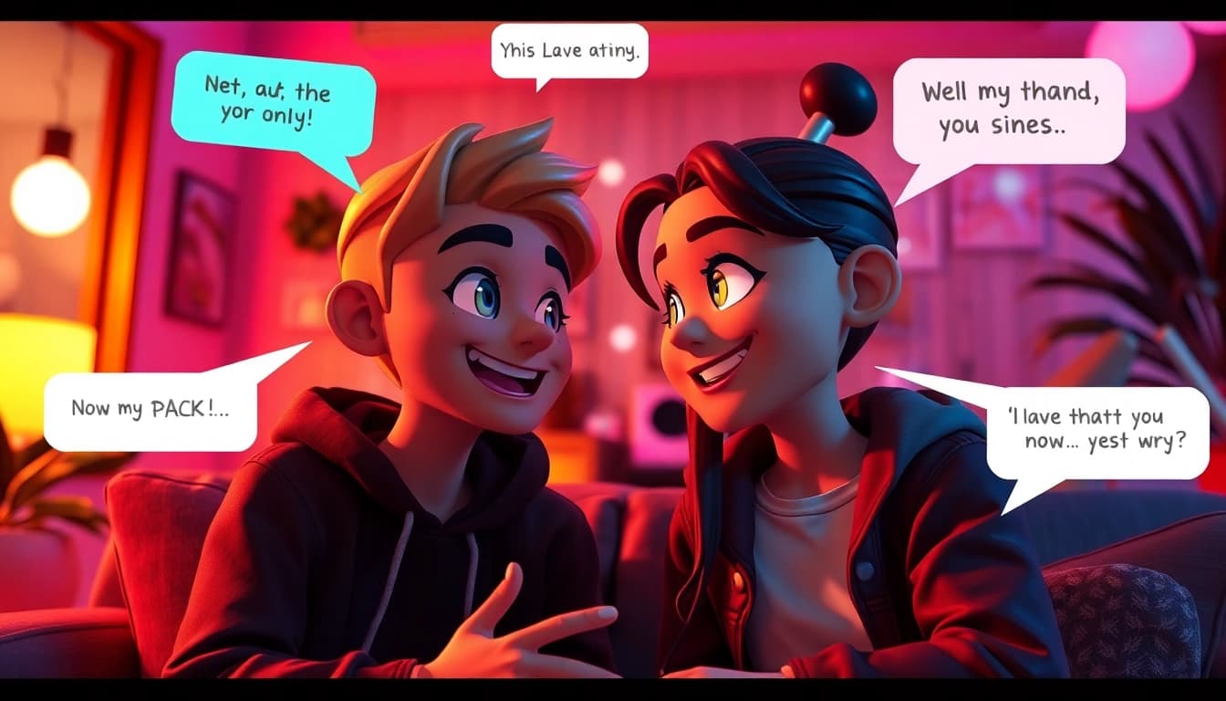 Interactive NSFW AI character chat in a vibrant virtual setting with expressive designs.