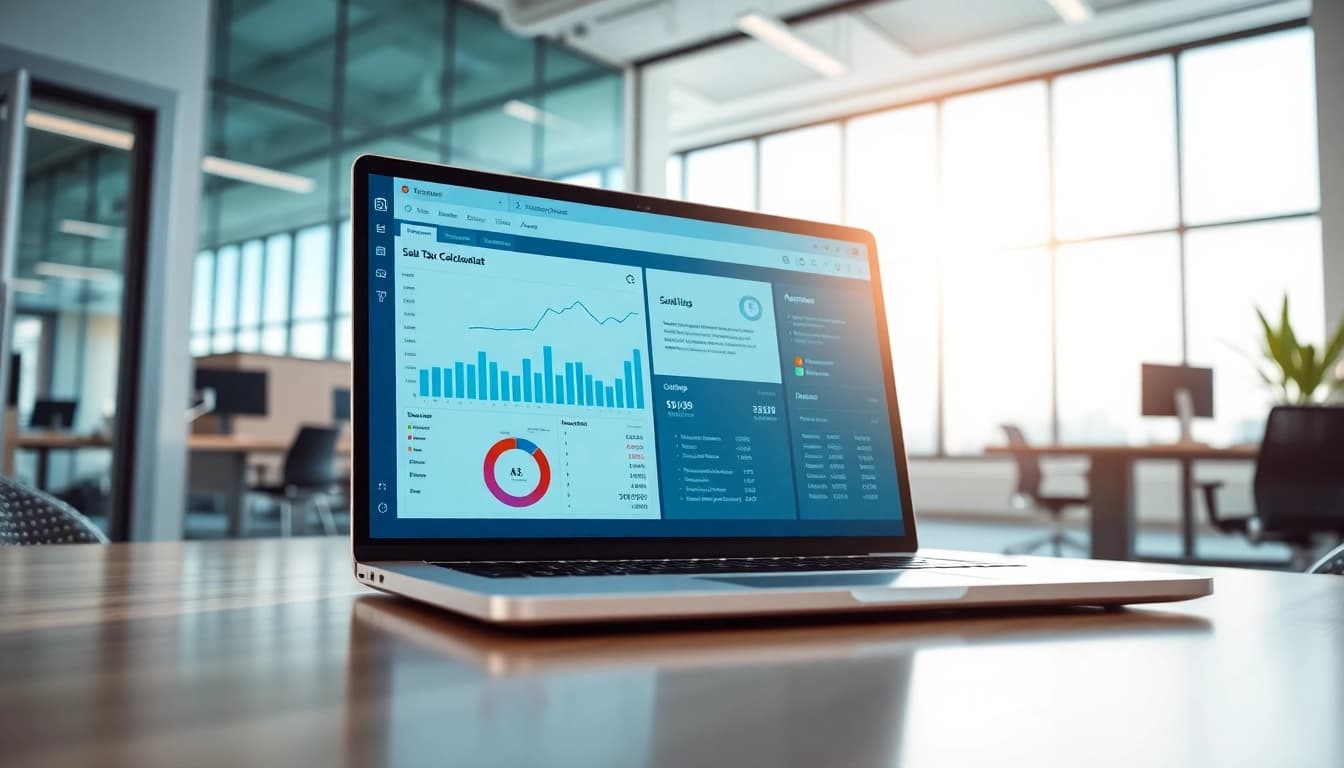Streamlined interface of Automated sales tax software on a laptop, showcasing analytics and calculations.