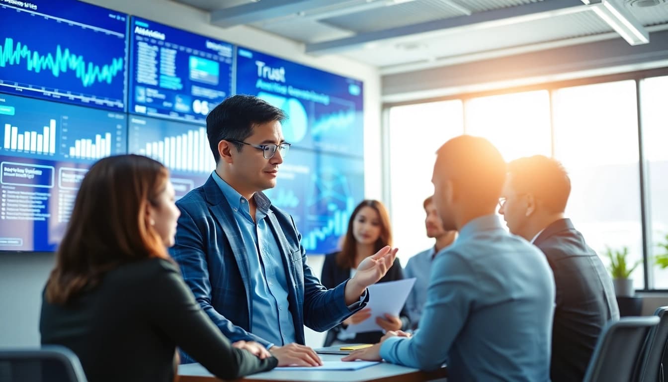 Consulenza intelligenza artificiale di esperti in un ufficio moderno e tecnologico.