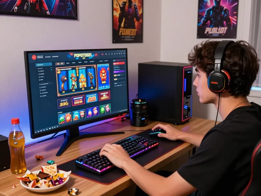 Engaging gamer immersed in the popotogel gaming platform showcasing various online slot options with vibrant lighting.