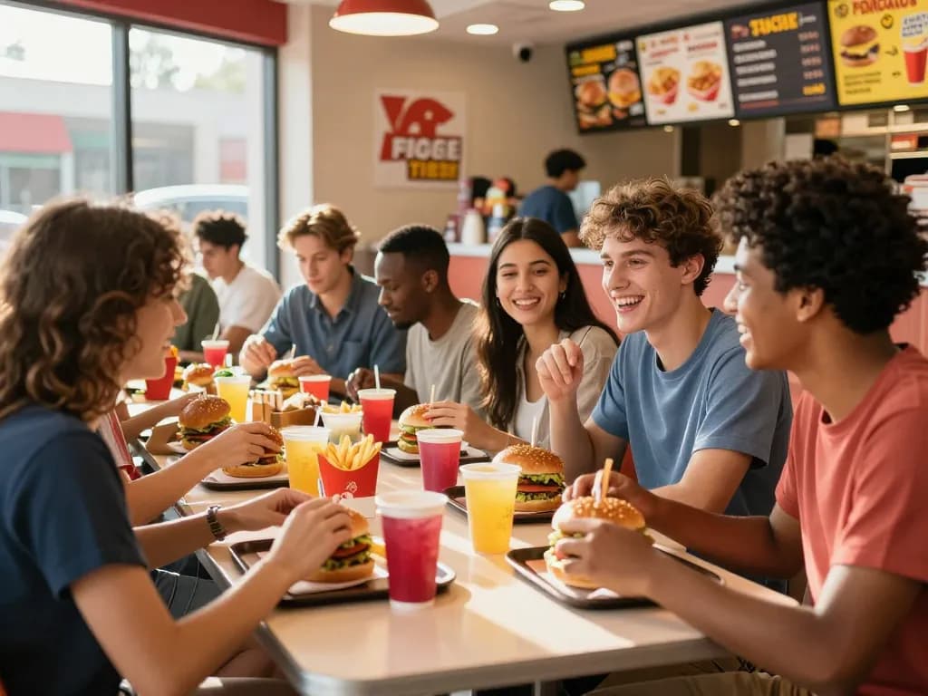 Friends enjoying fast food prices at a colorful bustling restaurant.