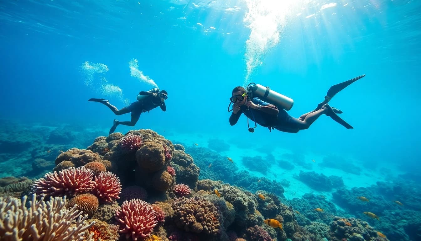 Divers engaging with the colorful coral reef environment at https://marvinscubaexpeditions.com.