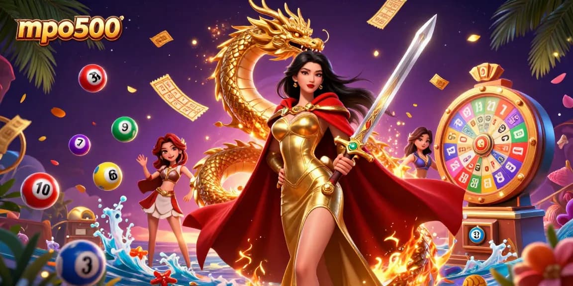 Experience thrilling wins with mpo500 while surrounded by vibrant gaming elements and a warrior queen.