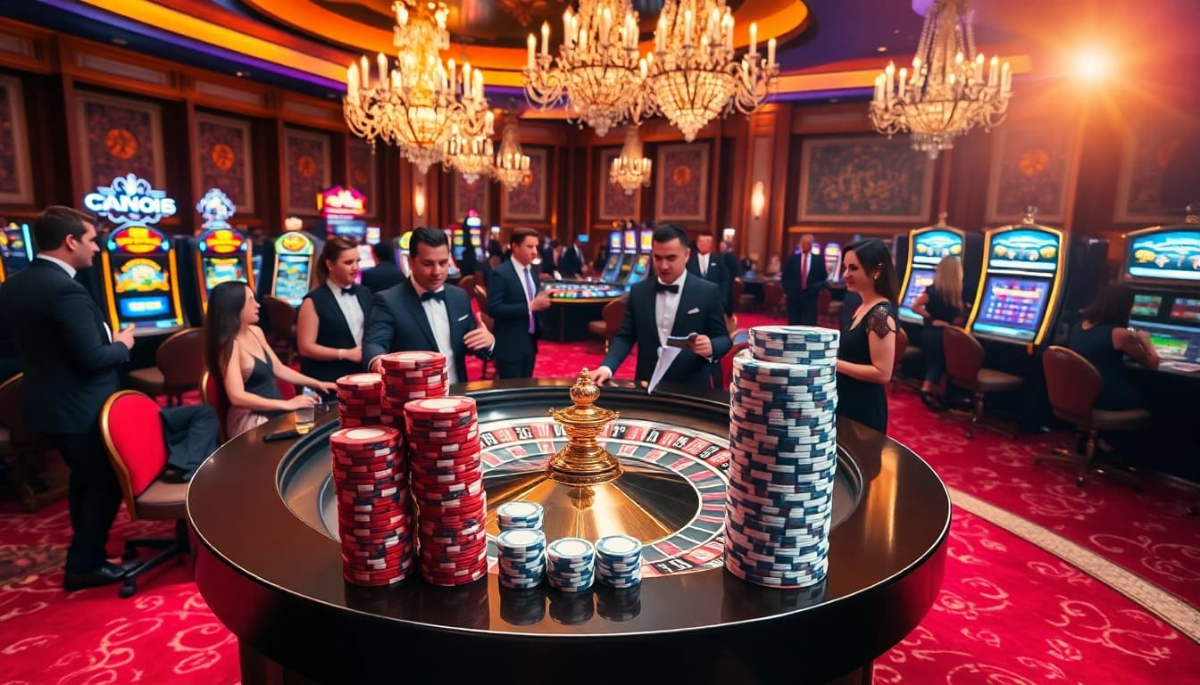 LUCK8 casino scene featuring a glamorous roulette table and excited gamblers celebrating wins.