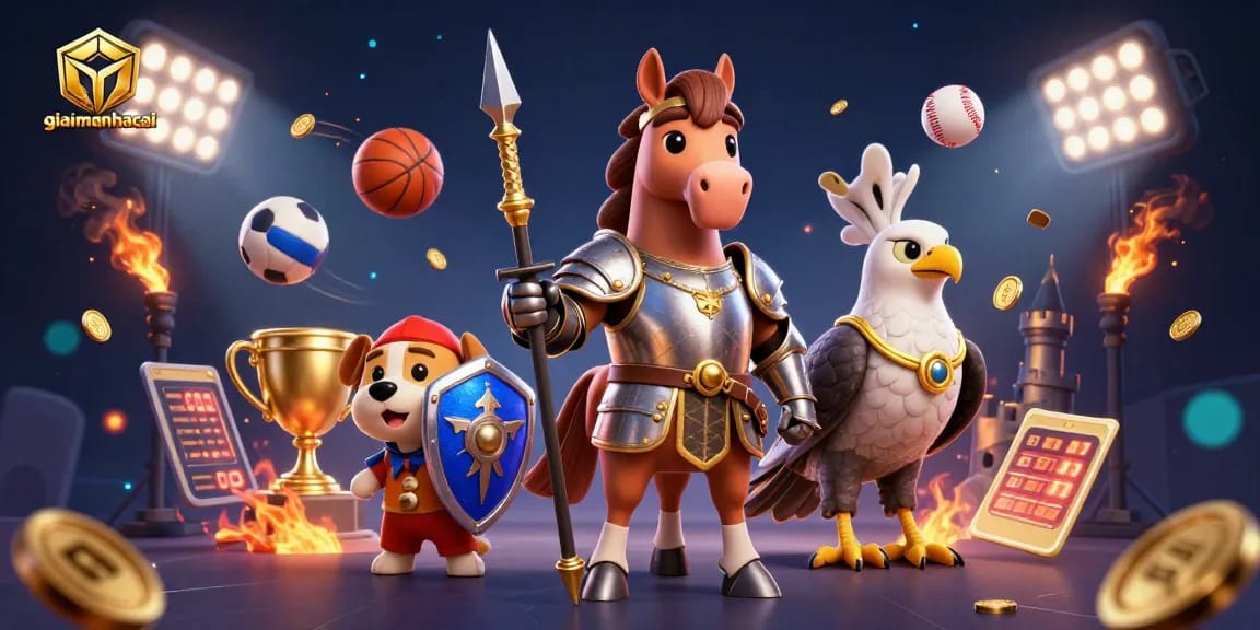 giaimanhacai reviews casino games and strategies with a dynamic 3D illustration of gambling elements