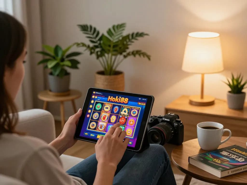 Pemain yang terlibat menikmati permainan slot Hoki88 di tablet dalam suasana rumah yang nyaman.