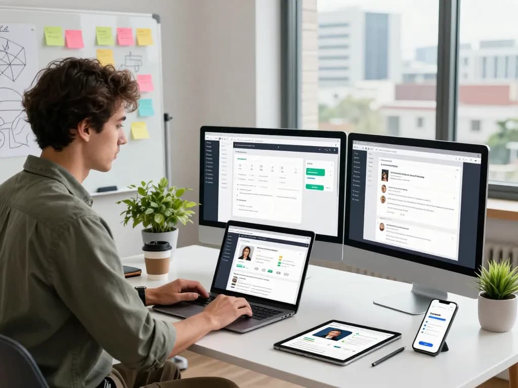 No code app builder workspace with developer designing apps, modern dual monitors, and creative tools.