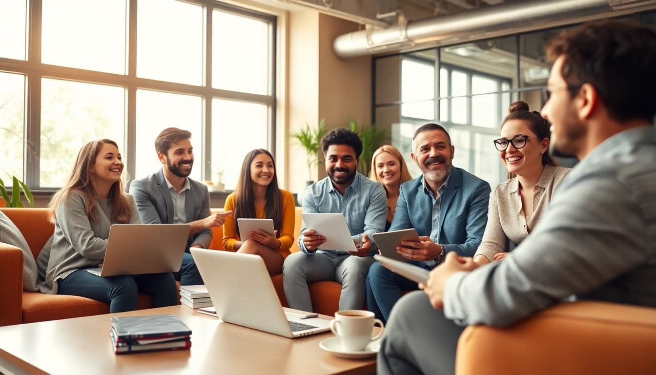 Engage with a skilled business coach near me guiding entrepreneurs in a vibrant office setting.