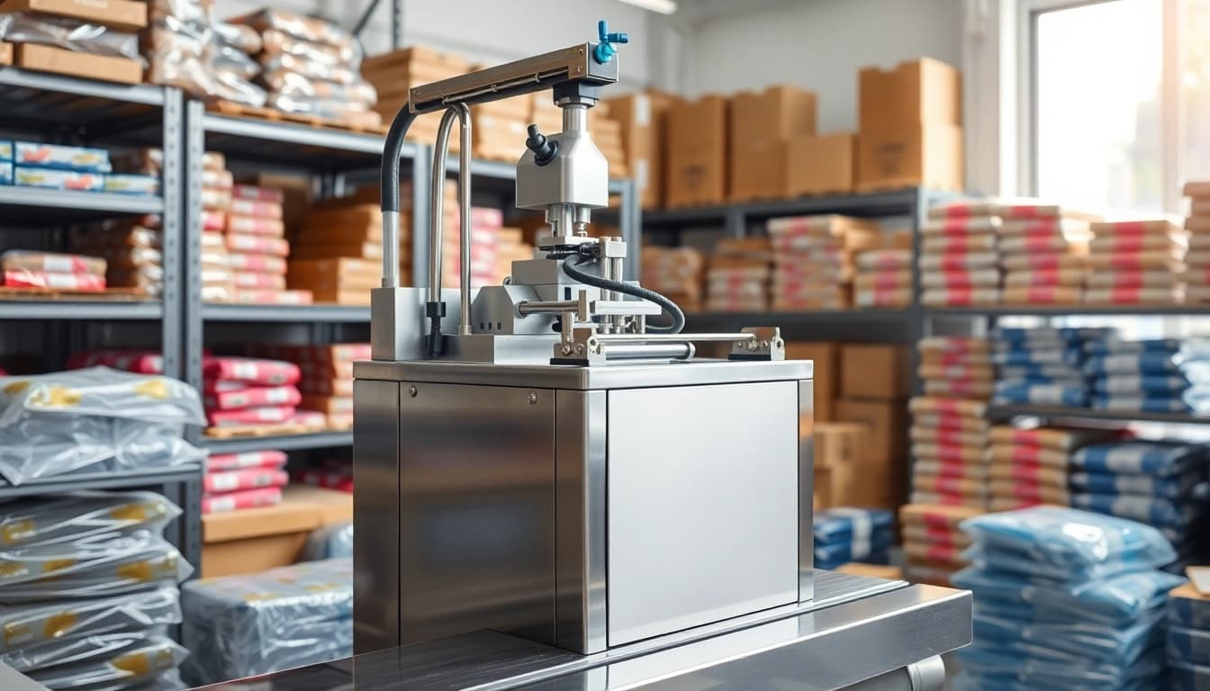Efficient shrink wrap machine sealing products in a modern factory setting.