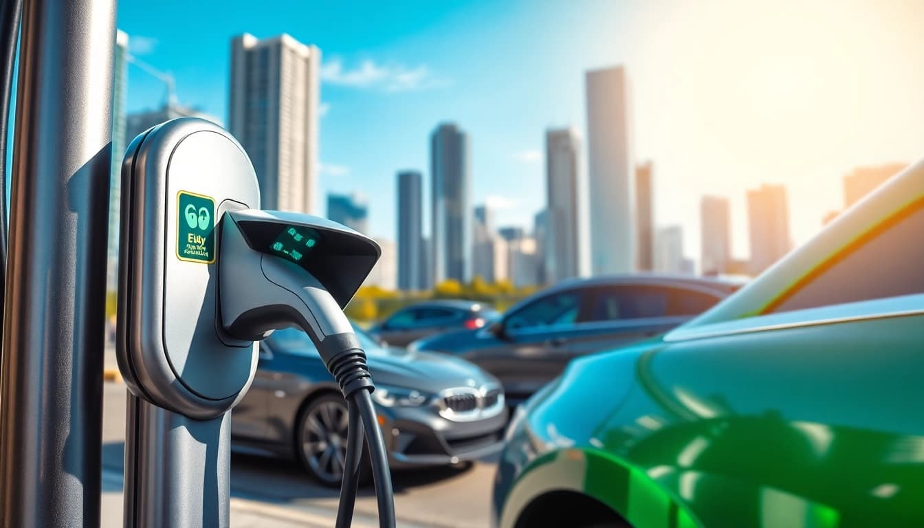 Capture EV charging news with a modern electric vehicle charger in an urban landscape.