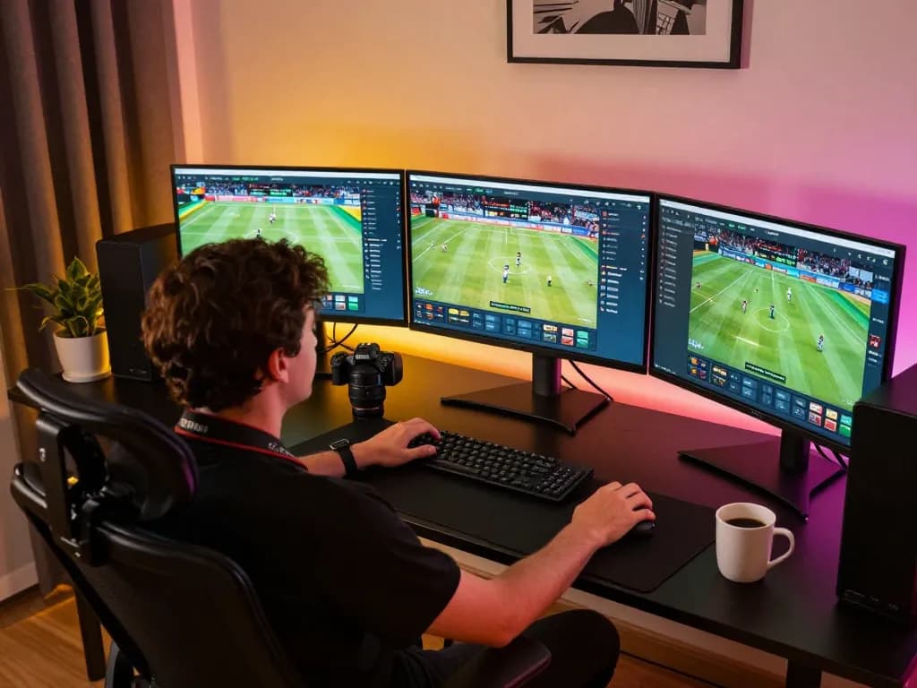 Engaged bettor using THABET's online platform for strategic wagering in a comfortable home office setting