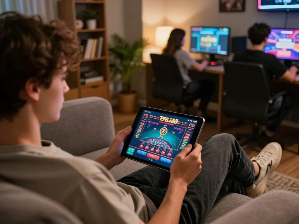 Player enjoying 79club online casino gaming on a tablet while seated in a cozy living room.