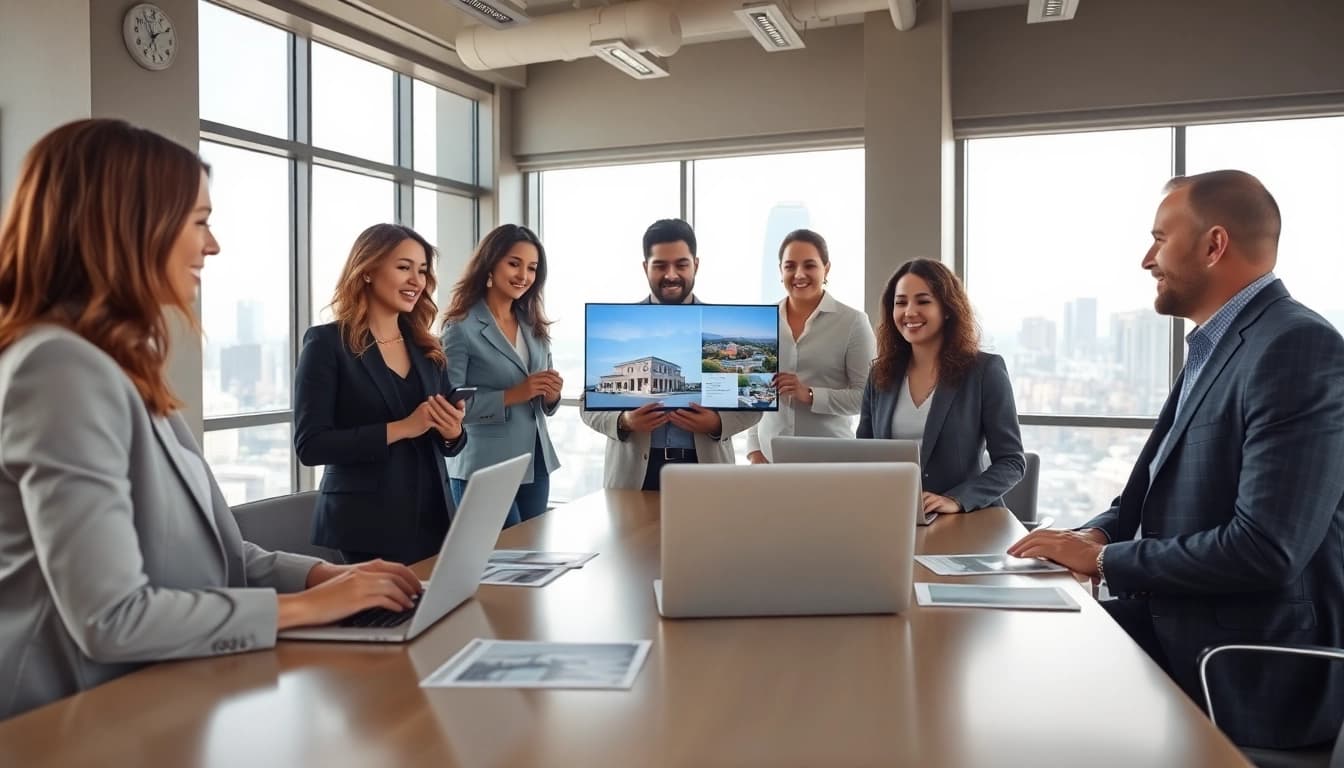 Real Estate agents assisting clients in a modern office environment with city views.