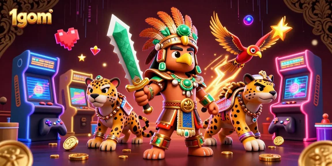 Engage in thrilling bets with 1gom's vibrant casino-themed illustration featuring Aztec warriors.