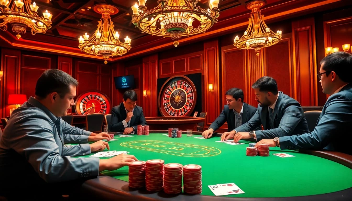 Play poker at an elegant casino table featuring ku3933-themed decor and colorful chips.