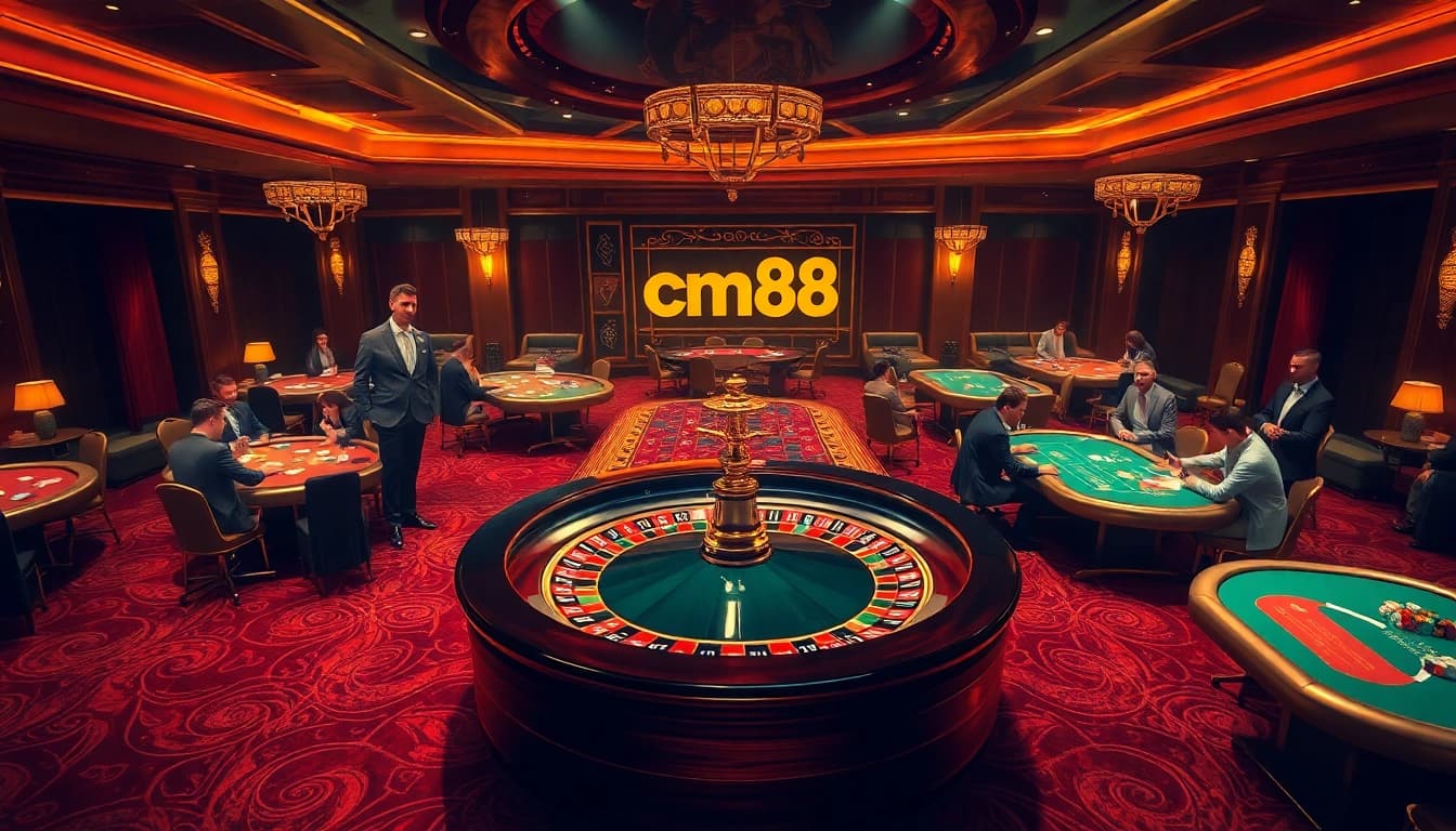 Engaging gamblers at a luxurious casino featuring cm88 branding elements, roulette, poker, and betting excitement.