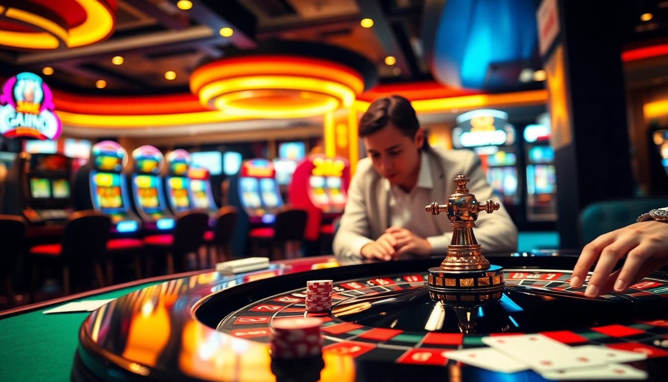 Experience the thrill of gambling at 388bet with a vibrant casino scene featuring roulette and poker.