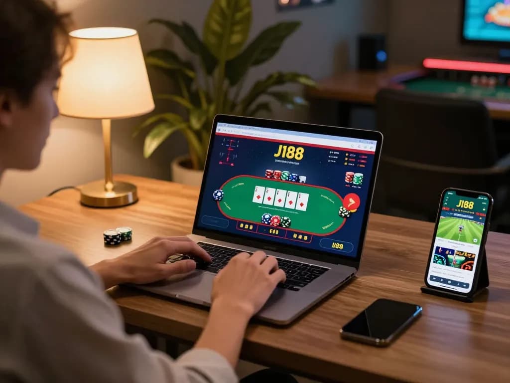 Player engaging in j188 online gaming, showcasing a vibrant home environment with poker game on the laptop.