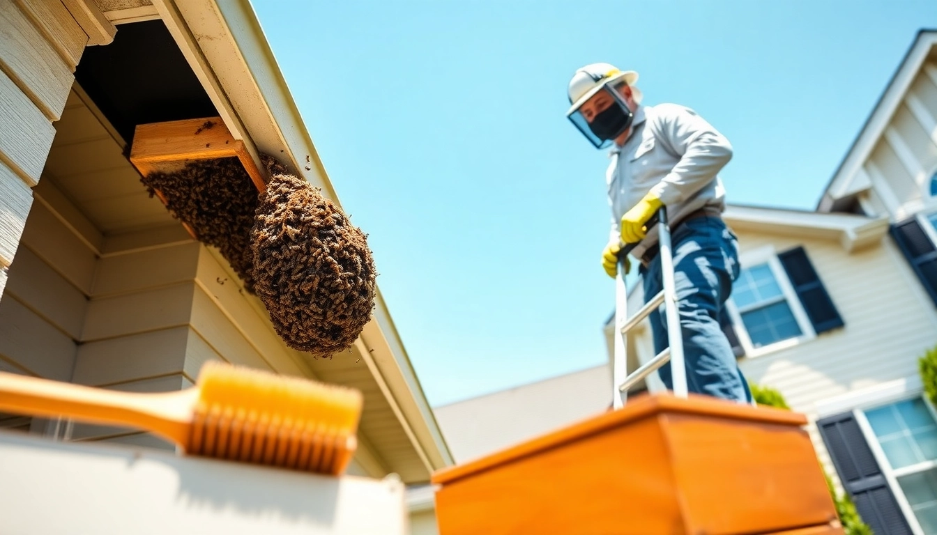 Expert performing honey bee removal services from a home, showcasing safety and professionalism.