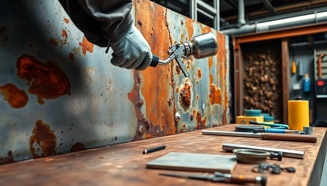 Applying coating corrosion protection on metal surfaces in an industrial setting.