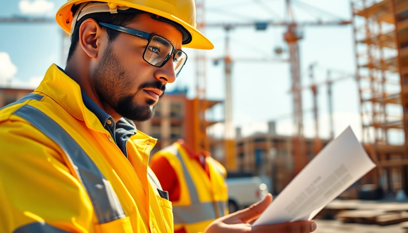 Engaged in construction safety training, a worker examines plans on-site at a bright construction area.