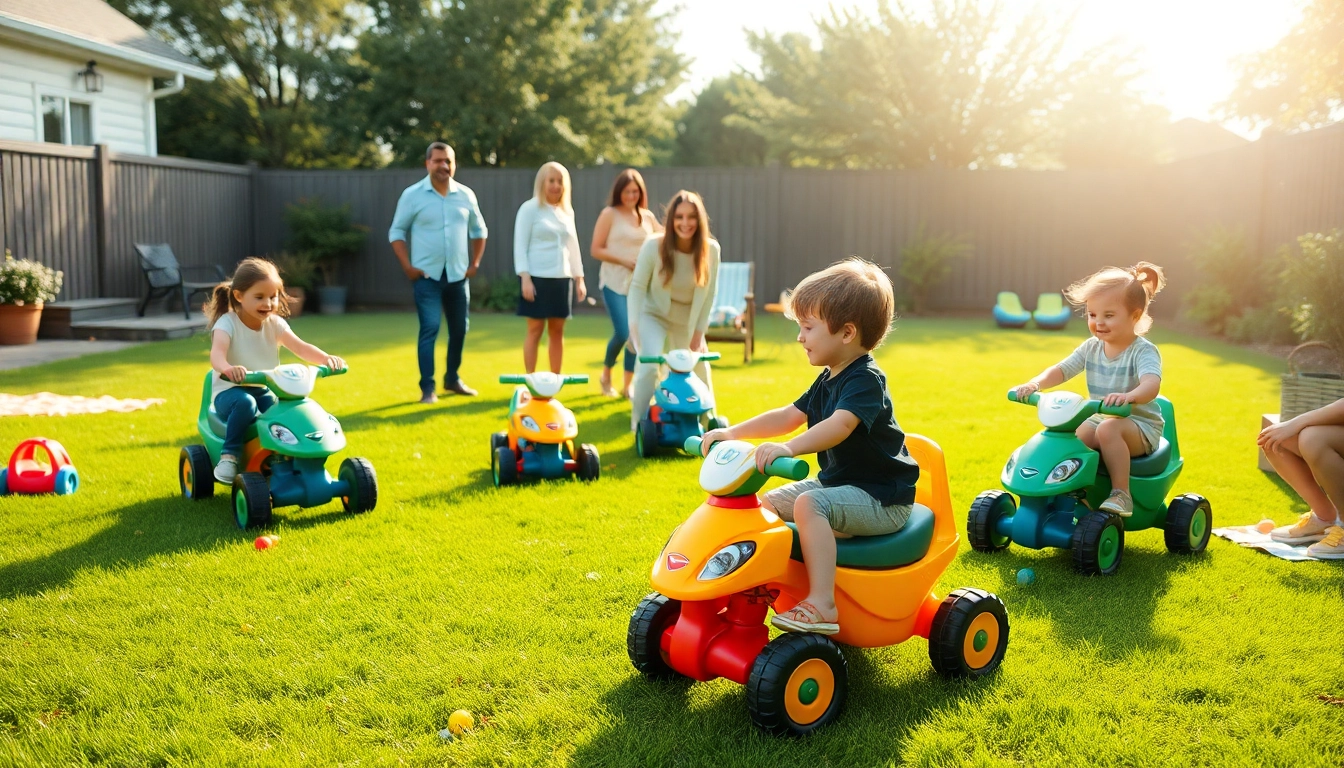 Engaging family enjoying innovative GARVEE.com ride-on toys in a sunny backyard.