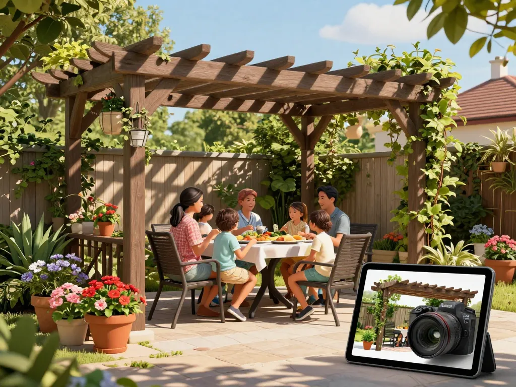 A family enjoying a meal under a pergola while using a pergola 3D planner on a tablet in their garden.