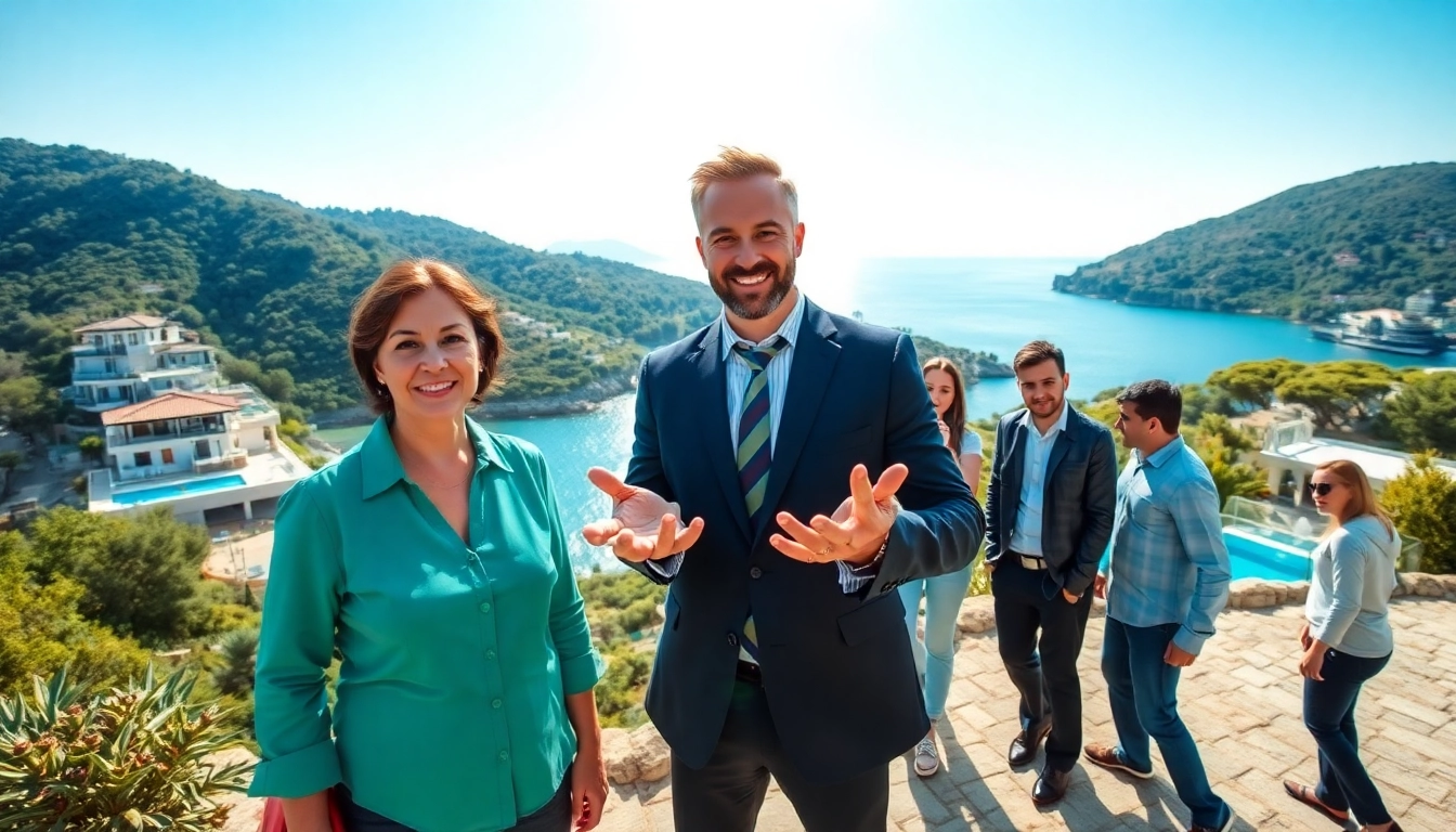 Highlighting alanya property sale with a real estate agent and beautiful coastal scenery.