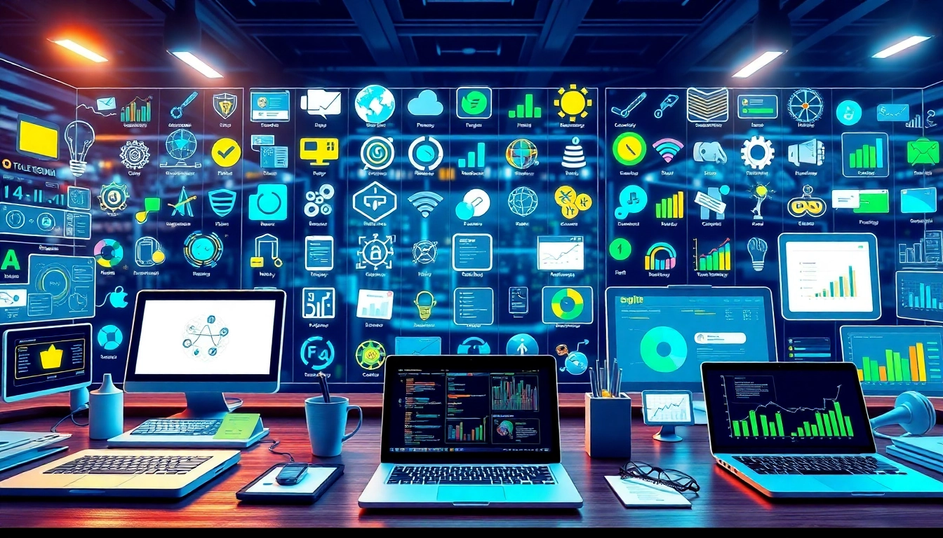 Examine top resources in the Ai Tool Directory featuring organized digital tools in a vibrant workspace.