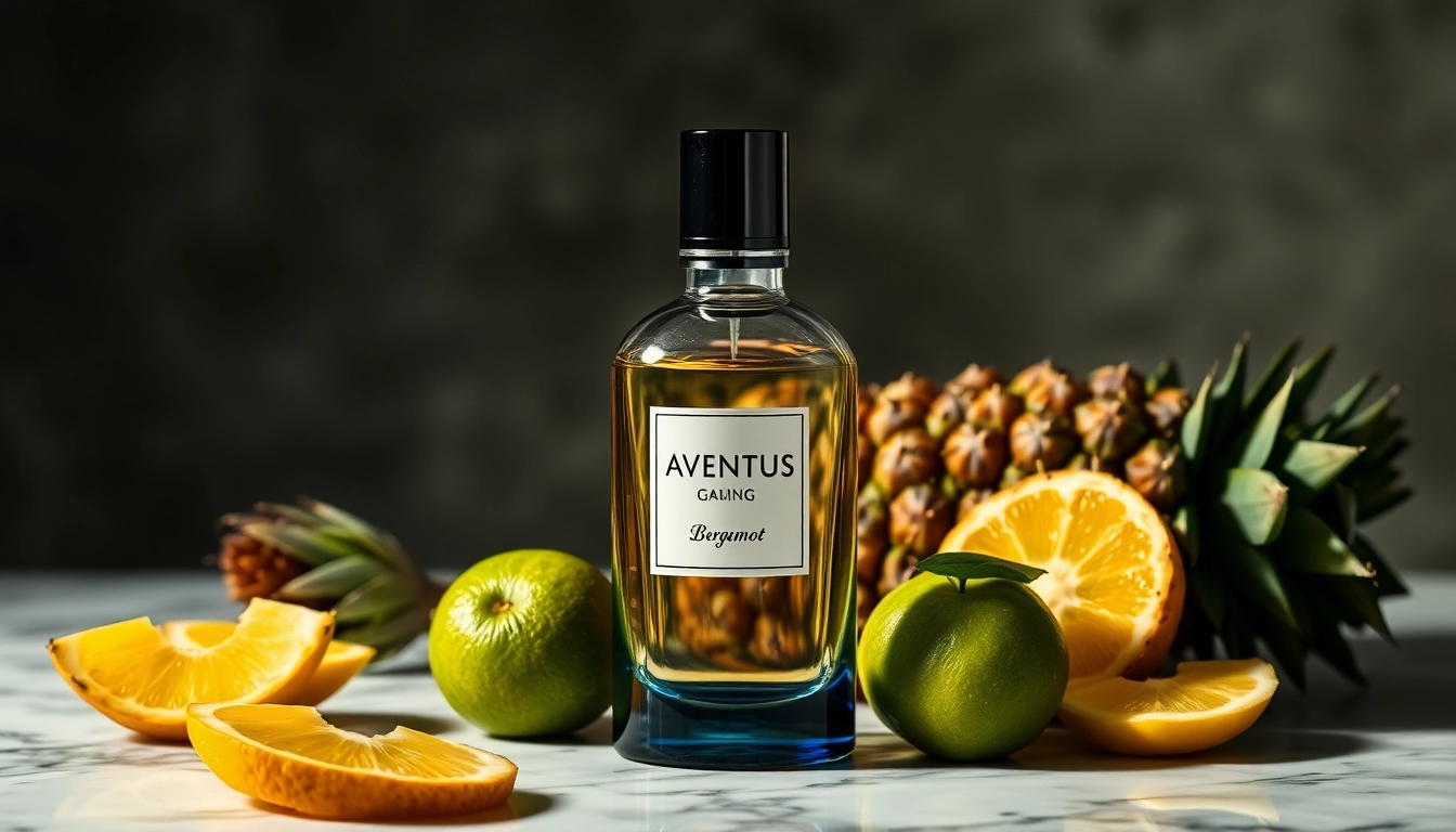 Aventus fragrance bottle displayed with fresh fruits for a luxurious presentation.