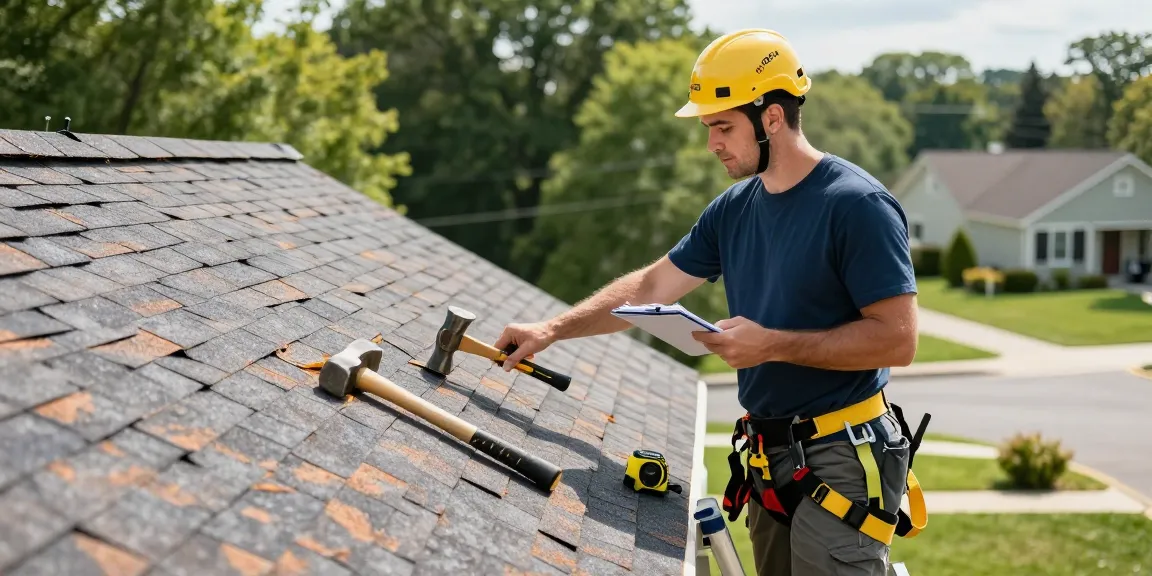 Solon OH roofer inspecting a residential roof for damage with tools in hand.