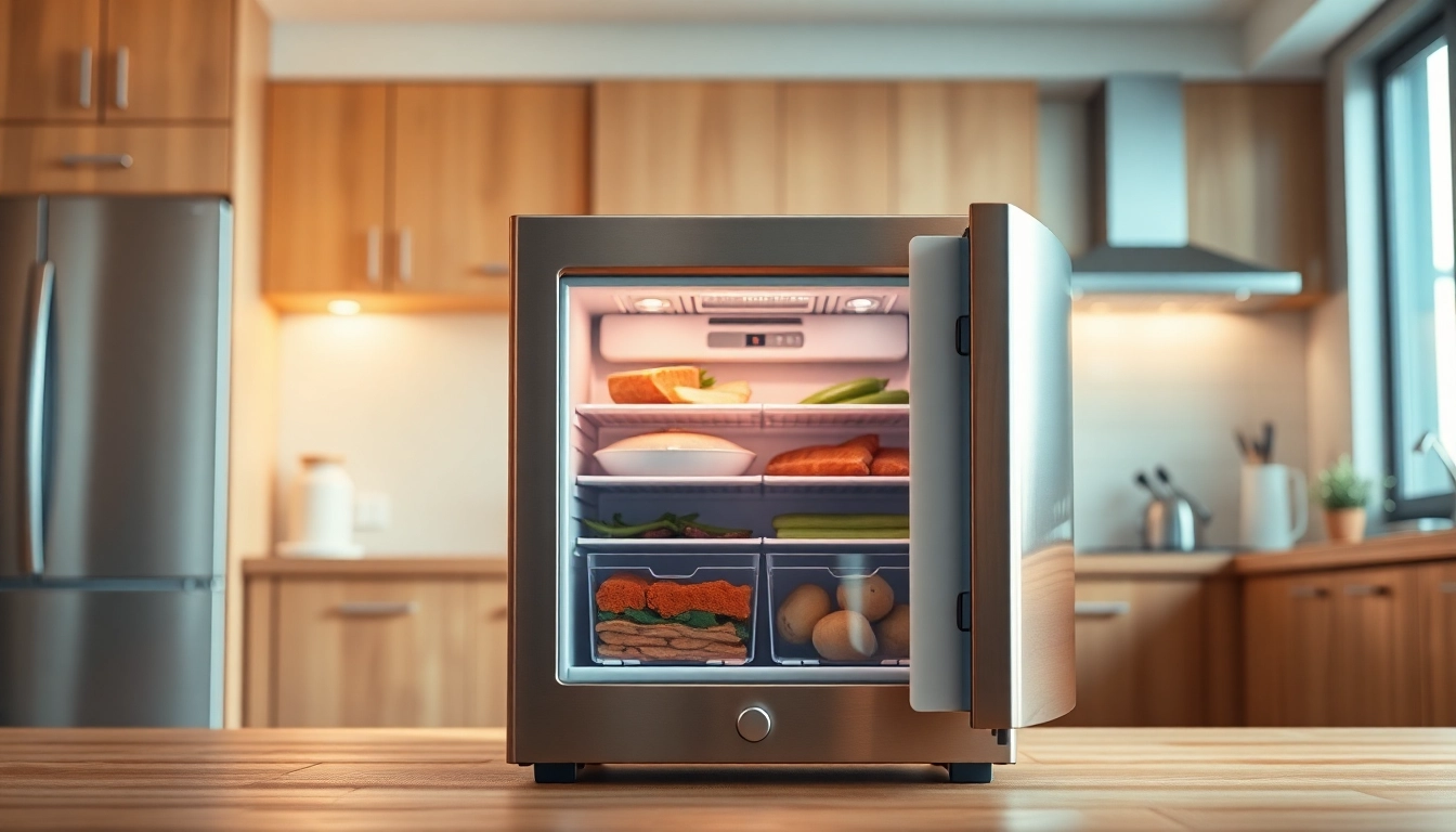Browse a mini freezer stocked with various frozen foods in a stylish kitchen setting.