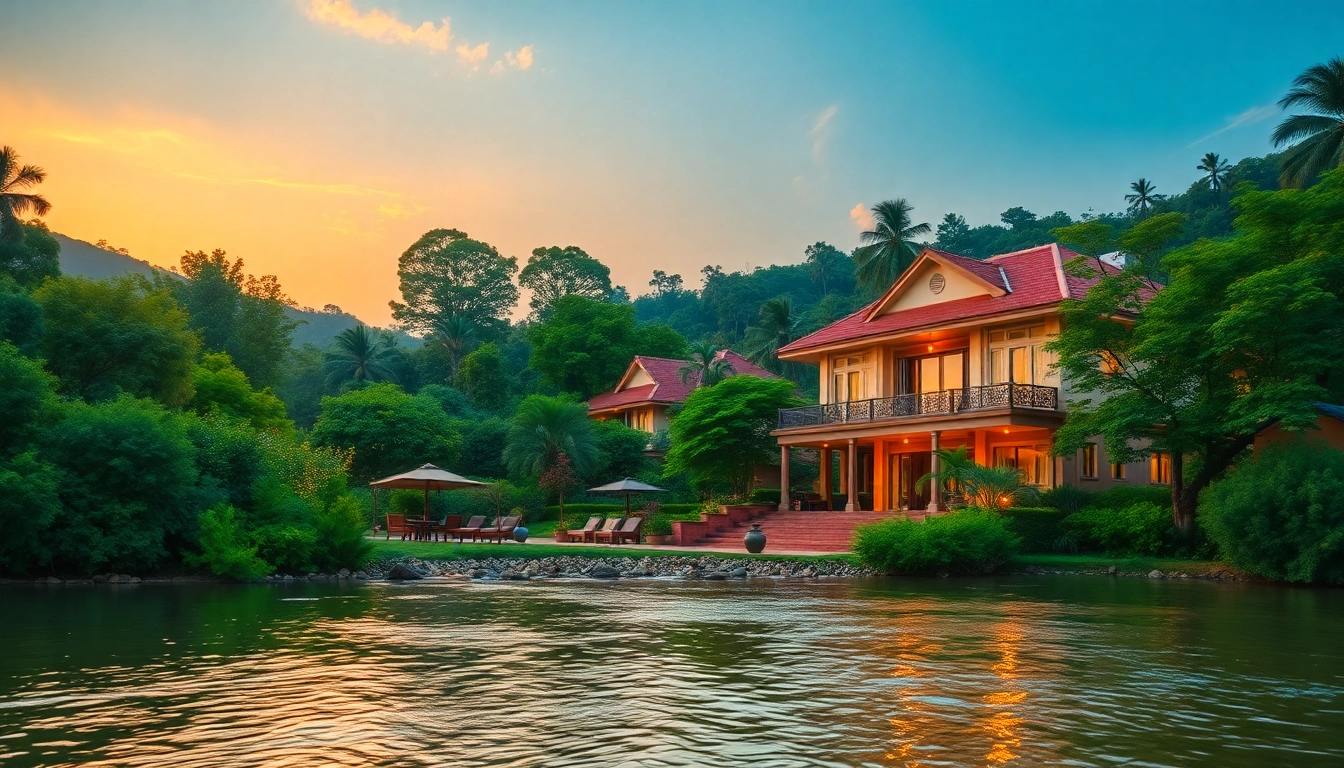 Dandeli Resorts booking showcasing a serene resort in lush greenery during sunset, inviting relaxation.