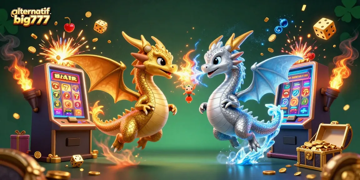 Experience dynamic action in a casino scene featuring alternatif big777 with dragons, slots, and gold.