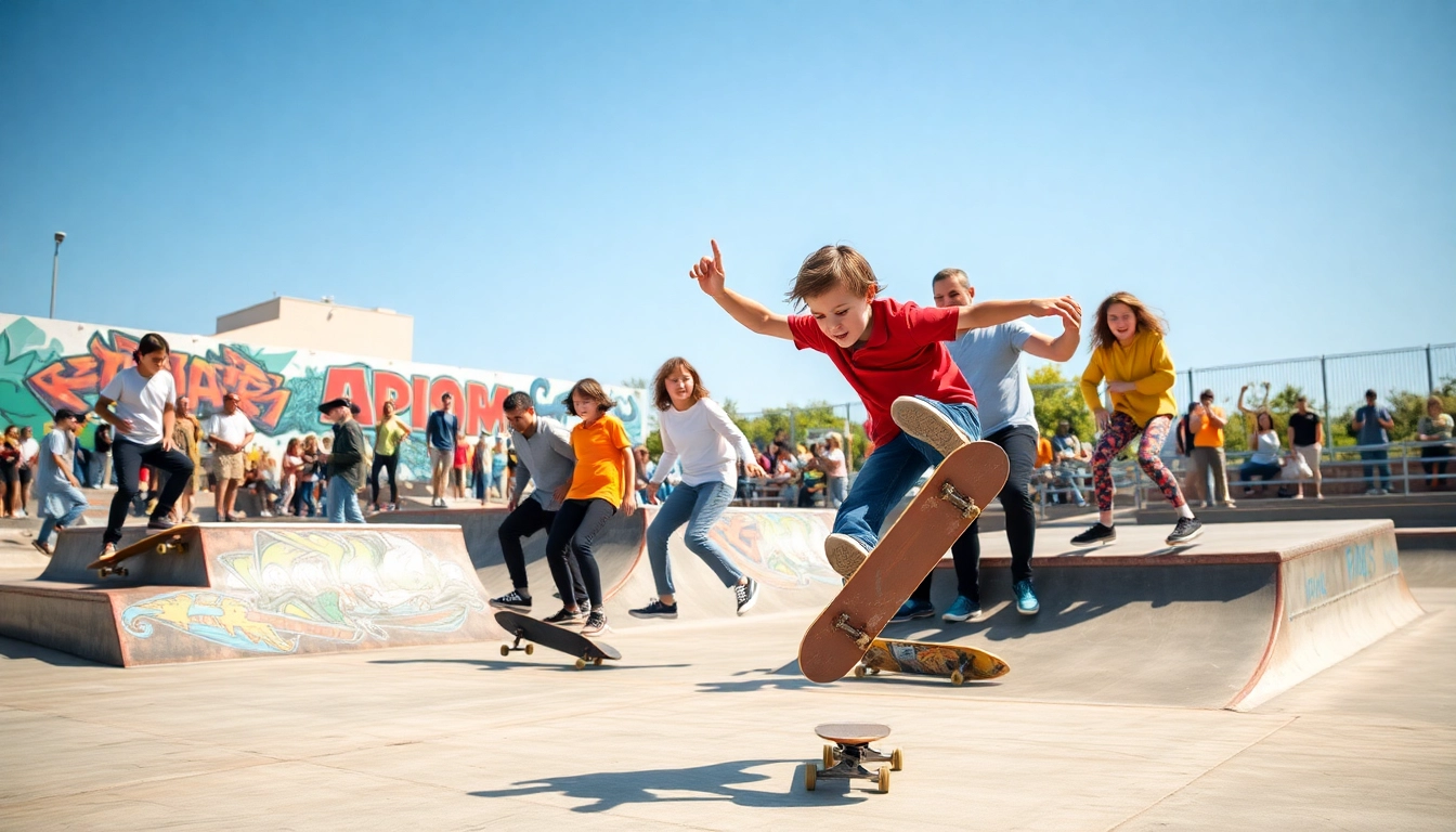 Cours Skateboard Paris for kids practicing tricks in a lively skatepark.