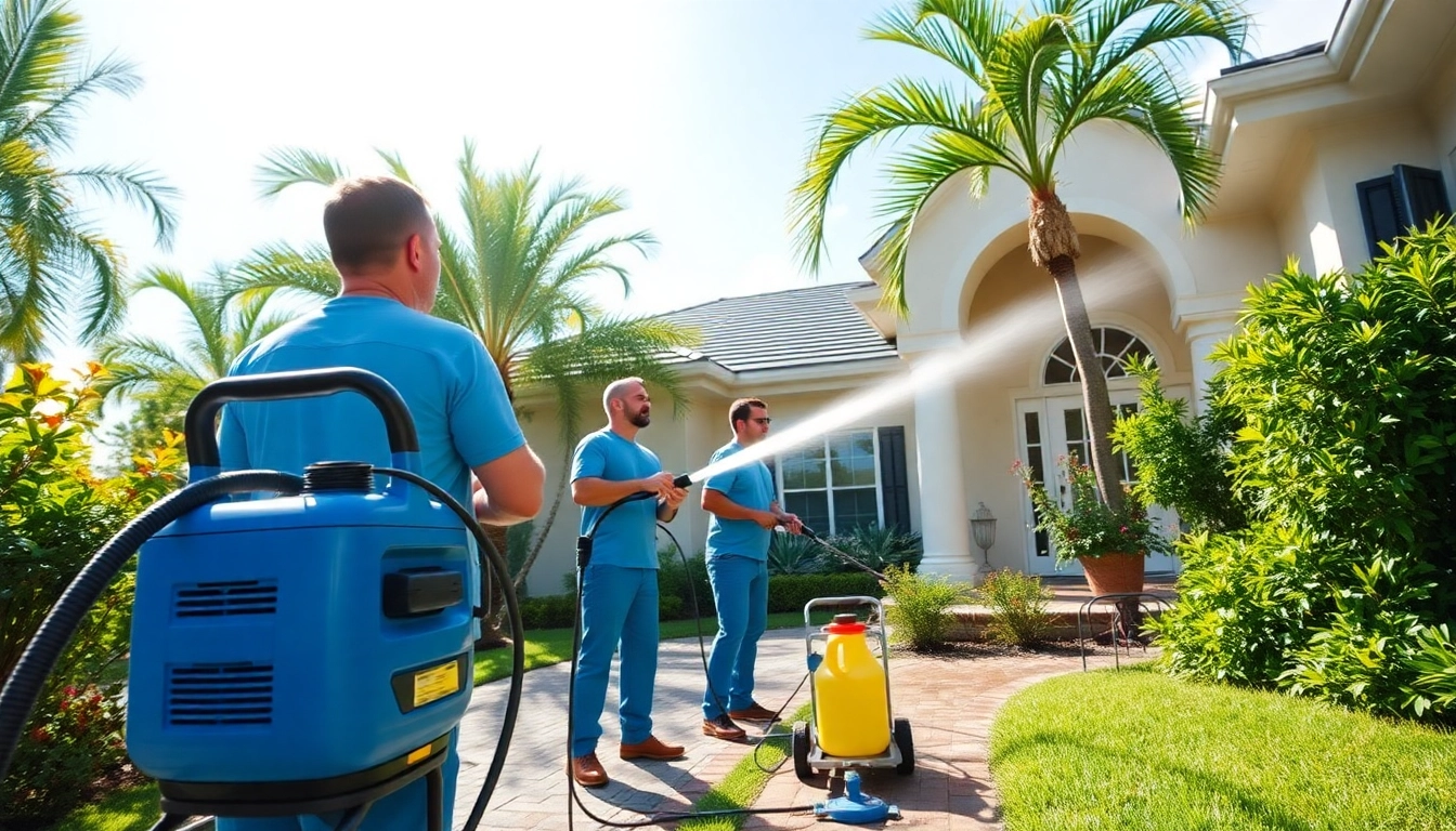 Expert team performing a pressure wash on a residential home in Kissimmee, FL, showcasing pristine results.