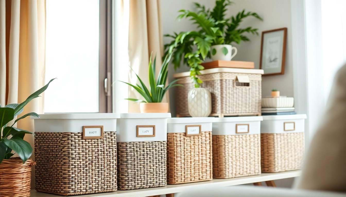 Organized storage box collection in a living room with natural lighting and decorative elements.