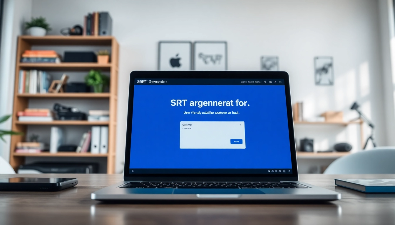 Creating subtitles with SRT Generator on a sleek laptop in a bright workspace.