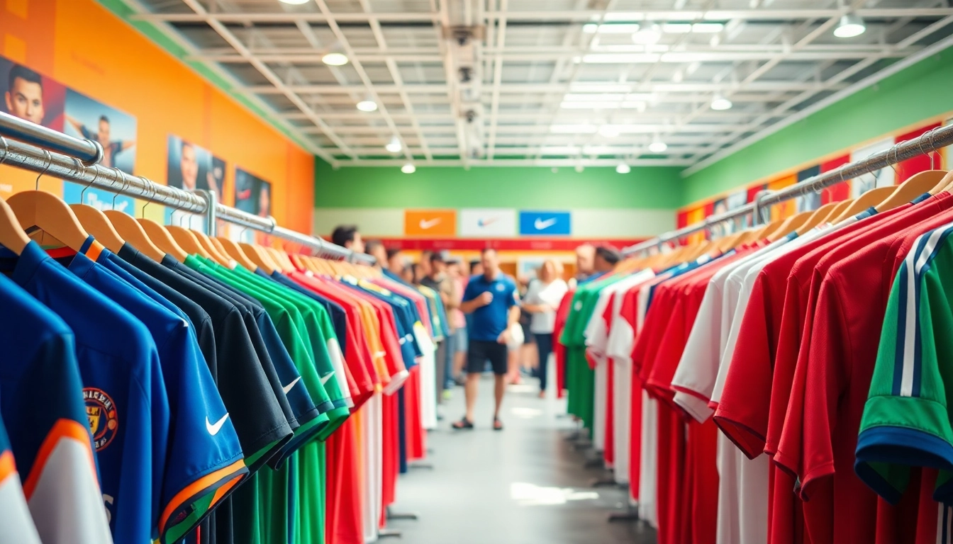 Showcasing vibrant football kits in a dynamic store environment, attracting fans with stylish designs.